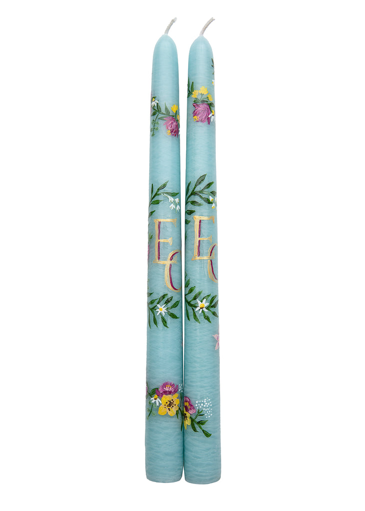 OTM Exclusive: Teal Floral Monogram Hand-Painted Taper Candles, Set of Two