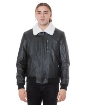 Men’s Genuine Leather Bomber Jacket with Shearling Lining, Black Nappa and White Curly Wool