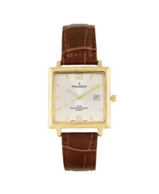 Men’s 35mm 14K Gold Plated Square Watch with Brown leather Strap