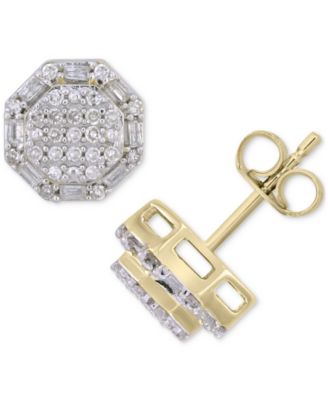 Men’s Diamond Round & Baguette Hexagon Cluster Stud Earrings (1/4 ct. t.w.) in 10k Gold