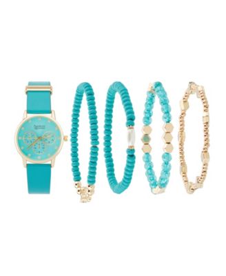 Women’s Turquoise Polyurethane Leather Strap Analog Watch 32mm with Stackable Bracelets Gift Set