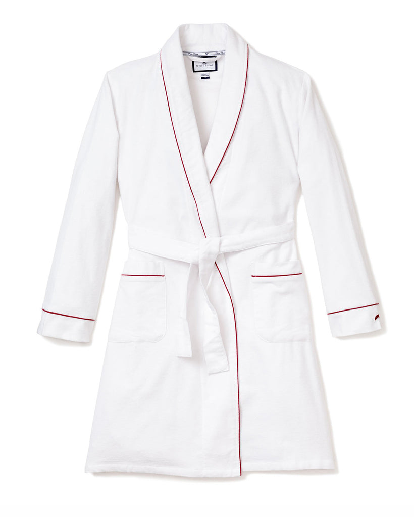 Women’s White Flannel Robe with Red Piping