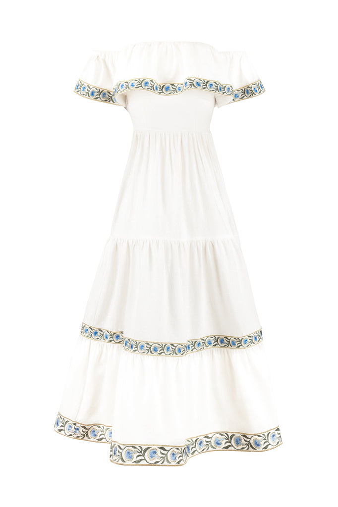 Carnation Ruffle Dress in Off-White u0026 Blue