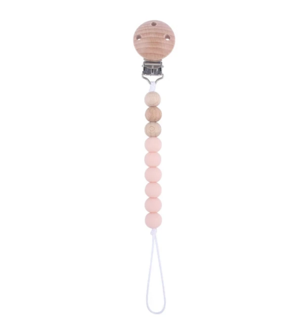 Silicone Beaded Pacifier Clip – Wood Top with 3 Holes